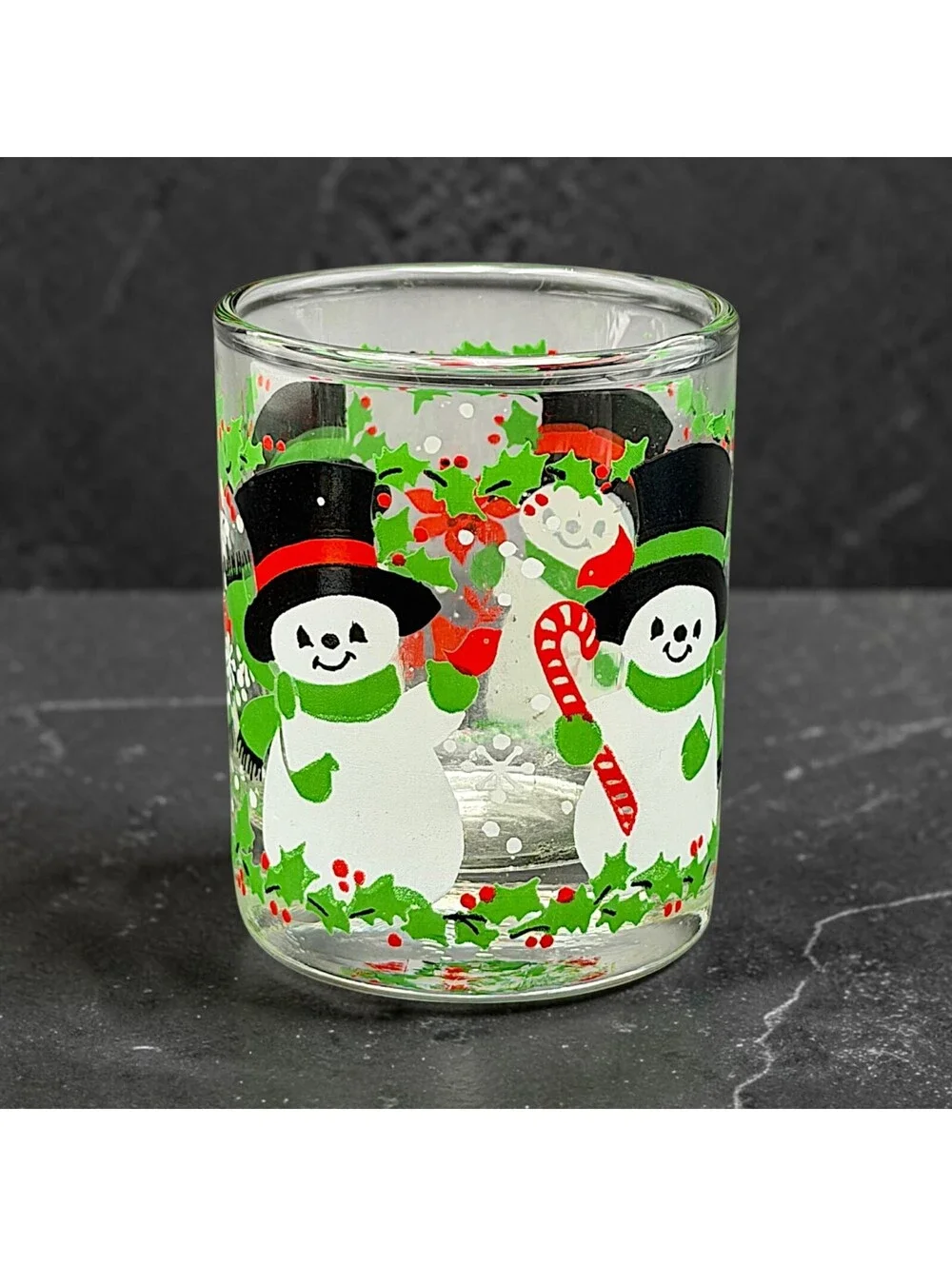 Vtg Christmas Glass Tumblers Set of 2 Snowman Holly 1980 Holiday Glasses 3